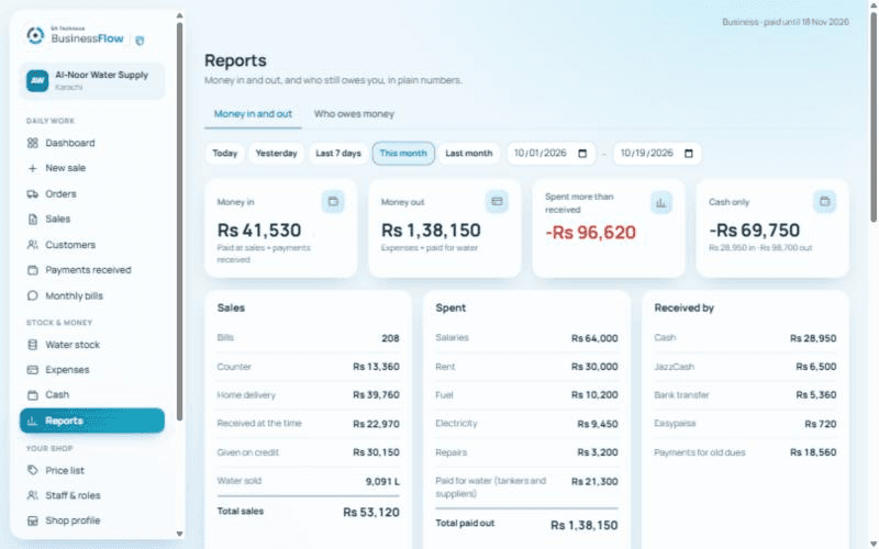 BusinessFlow money in and out report