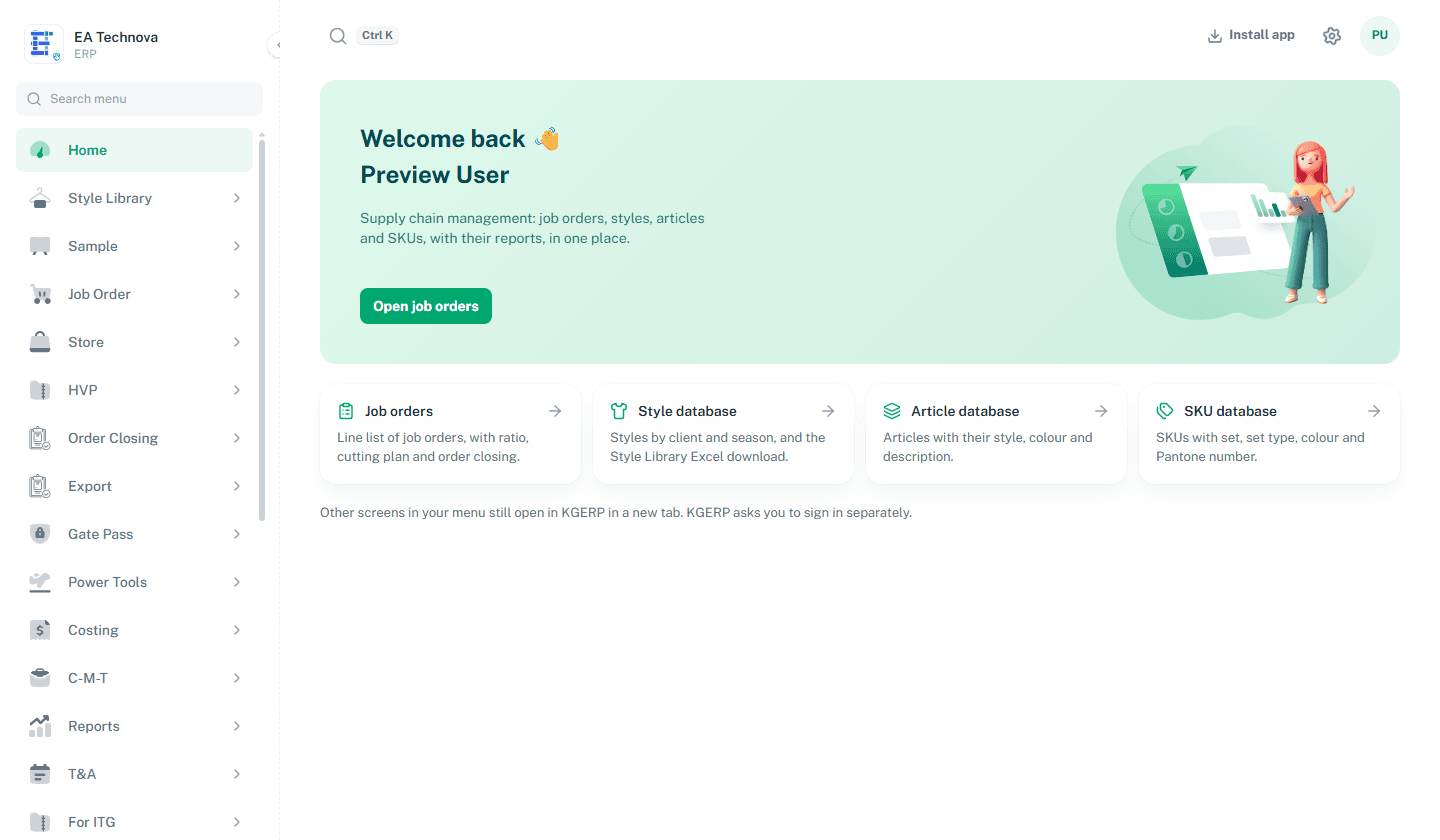 EATechnova ERP home with supply chain modules